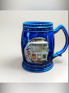 Vintage San Francisco Cable Car Ceramic Beer Stein Mug 3D Relief Blue
